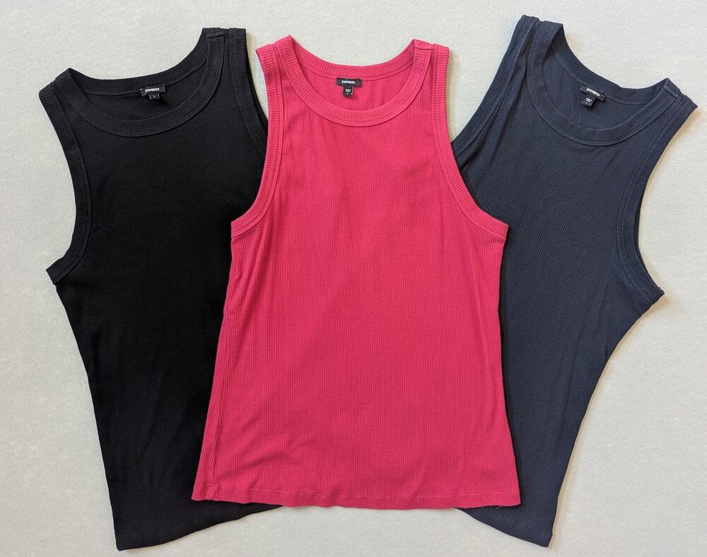 Lot of 3 Express Ribbed Tank Tops Size L Black Navy Pink Cotton Stretch